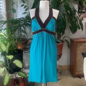 Max and Cleo Med teal and brown halter dress